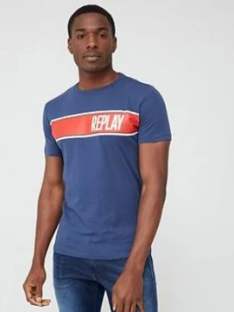Image of Replay Panel Logo Short Sleeve T-Shirt - Navy, Size S, Men