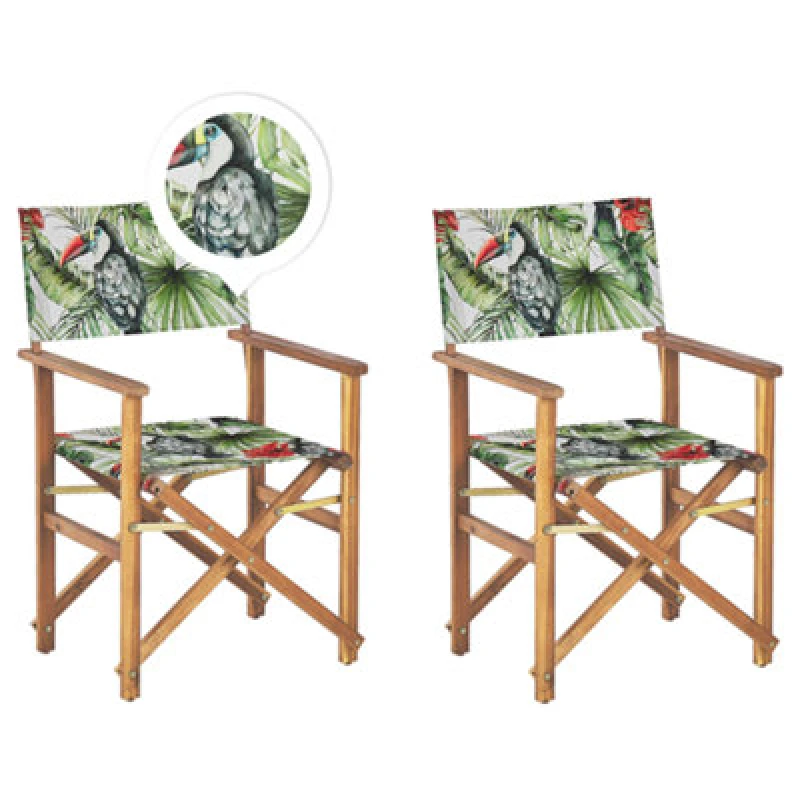 Image of BELIANI Beliani - Set of 2 Garden Chairs Light Acacia Wood Grey Toucan Pattern Folding Cine 312380