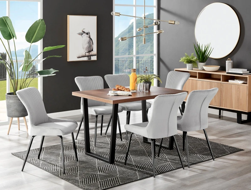 Image of FurnitureboxUK FurnitureboxUK Kylo Large Brown Wood Effect Dining Table & 6 Nora Black Leg Velvet Chairs in Light Grey Light Grey One Size Unisex 5056