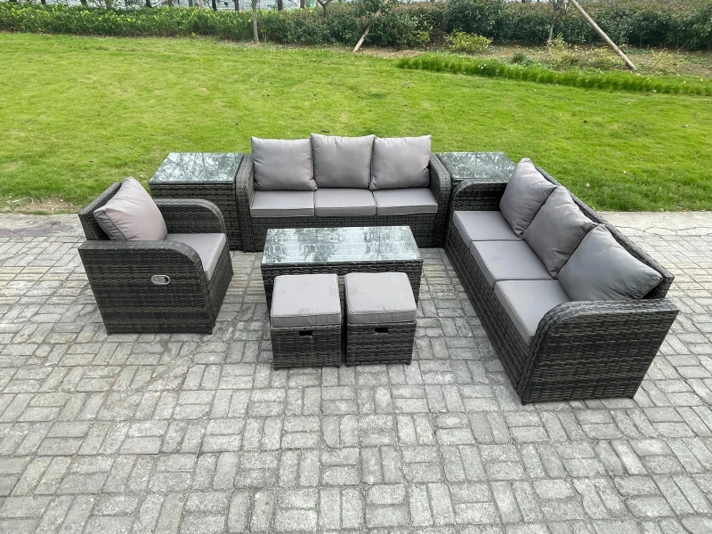 Image of Fimous Outdoor Sofa Set 9 Seater Rattan Garden Furniture Set with Rectangular Coffee Table 2 Small Footstools 3 Seater Sofa 2 Side Tables Dark Grey