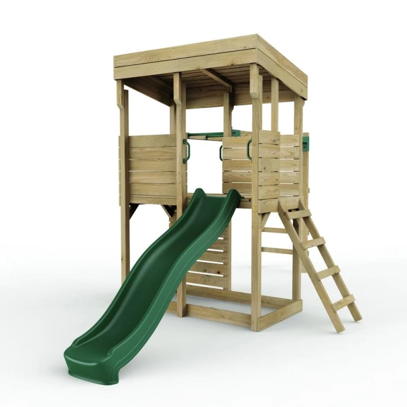 Image of OutdoorToys XL Lookout Tower Playhouse with Monkey Bars & Slide for Kids in Brown Brown Unisex