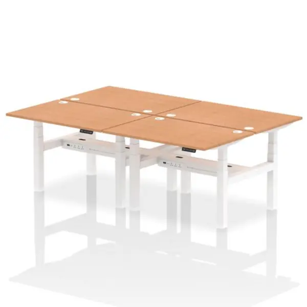 Image of Air Air Back-to-Back 1200 x 800mm Height Adjustable 4 Person Bench Desk Oak Top with Cable Ports White Frame HASCP4P12800OAKW