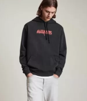 Image of AllSaints Mens Aurocide Pullover Hoodie, Jet Black, Size: L