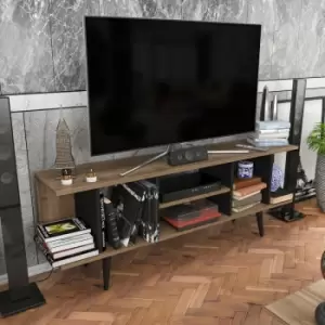 Image of Decorotika - Akya tv Unit ,tv Stand With Open Shelves ,tv Lowboard With Solid Wood Legs, Up To 71 TV'S-Walnut Pattern And Black