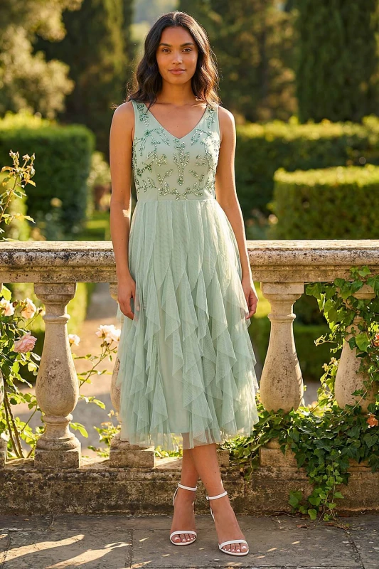 Image of Roman Womens Premium Beaded Frill Dress in Mint Size: 20 Mint Female 20