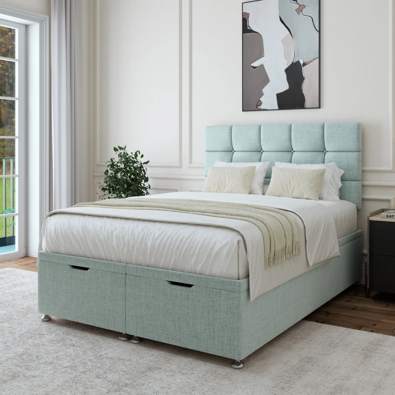 Image of Bedmaster Bedmaster Linen Ottoman Divan Base And Square Headboard in Duck Egg Blue Size: Small Double Duck Egg Blue Small Double Unisex 786786985487