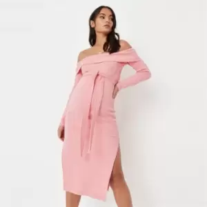 Image of Missguided Maternity Ls Bardot Rib Belt Midi Dress - Pink