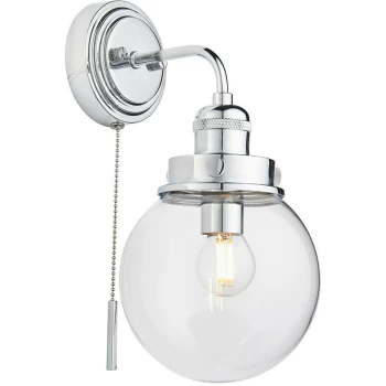 Image of Endon Collection Lighting - Endon Cheswick Globe Bathroom Wall Light with Pull Cord, Clear Glass Shade, IP44