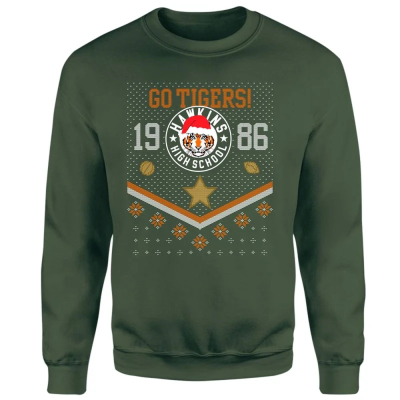 Image of Stranger Things Christmas Go Tigers! Christmas Jumper - Green - S