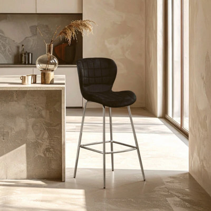 Image of Orsina Black Velvet Bar Chair, Quilted Upholstery With Silver Finish Legs, Modern High Stool For Home Bar