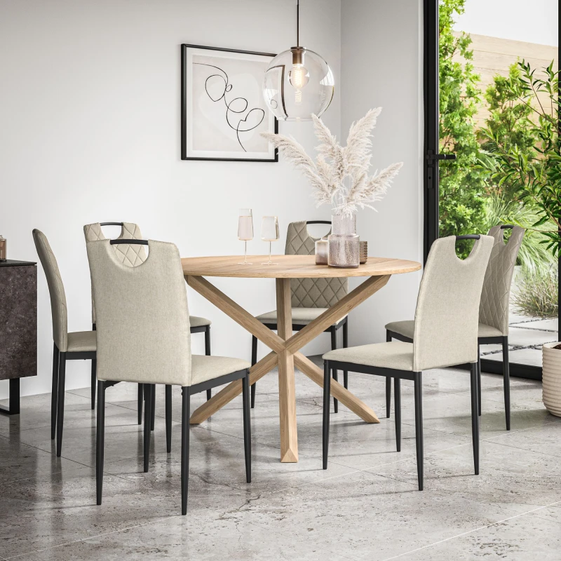 Image of More4Homes Malvern Round Dining Table And Chairs - Oak Table Top W Solid Oak Legs + Monza Fabric Dining Chair Set Of 6 (Beige)