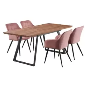 Image of 5 Pieces Life Interiors Camden Toga Dining Set - an Extendable Brown Rectangular Wooden Dining Table and Set of 4 Pink Dining Chairs - Pink