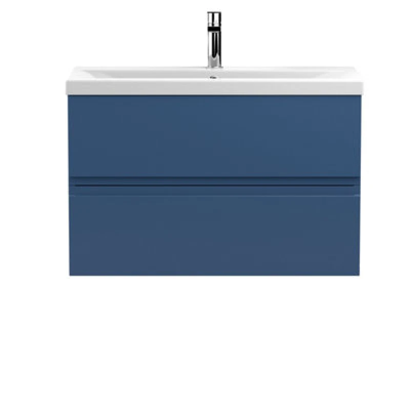 Image of Nuie Hudson Reed Urban Wall Hung 2 Drawer Vanity Unit With Mid-Edge Ceramic Basin, Modern Bathroom Furniture In Satin Blue, 800mm