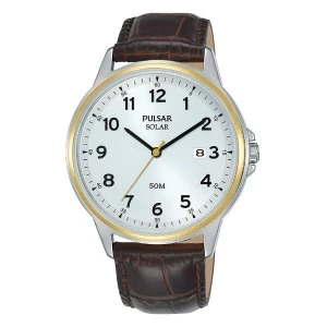 Image of Pulsar PX3198X1 Mens Classic Solar Leather Strap Two Tone Case Brown Leathr Strap Watch
