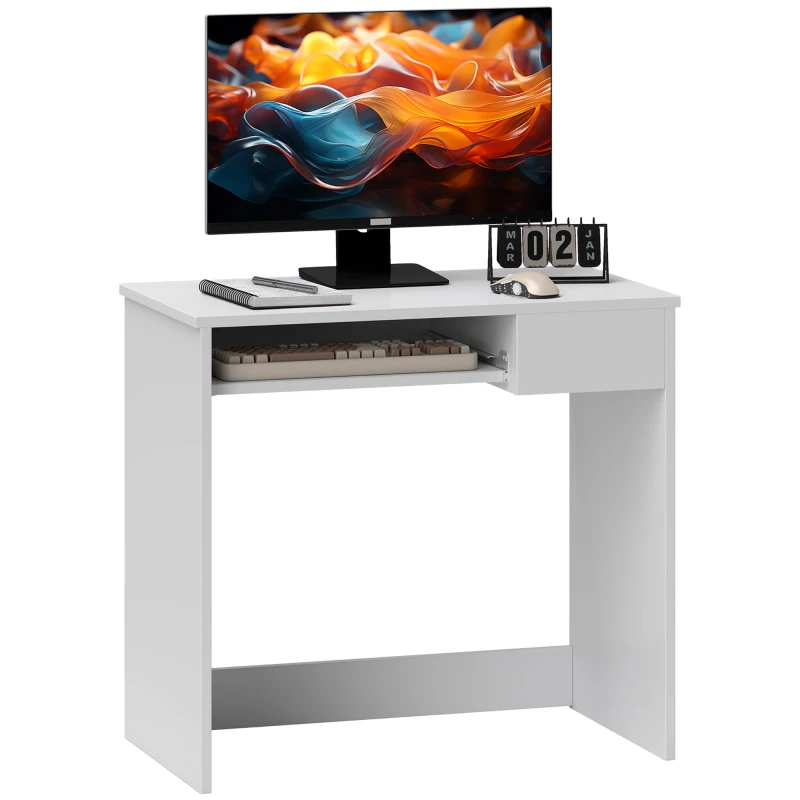 Image of HOMCOM Computer Table w/ Keyboard Tray Drawer, Compact Small Computer PC Desk for Study, Office, Working, Gamingm, Writing Desk, White Aosom UK