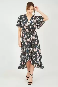 Image of Black Floral Wrap Front Midi Dress