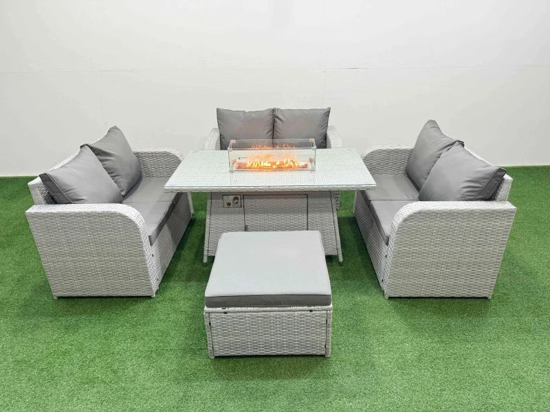 Image of Fimous 7 Seater PE Wicker Rattan Furniture Sofa Sets with Firepit Dining Table 2 Seater Love Sofa Big Footstool Light Grey Light Grey