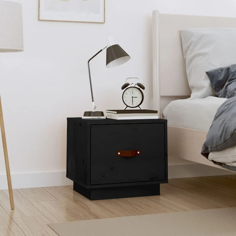 Image of Vidaxl Bedside Cabinet Black 40X34X35cm Solid Wood Pine, Black 818293