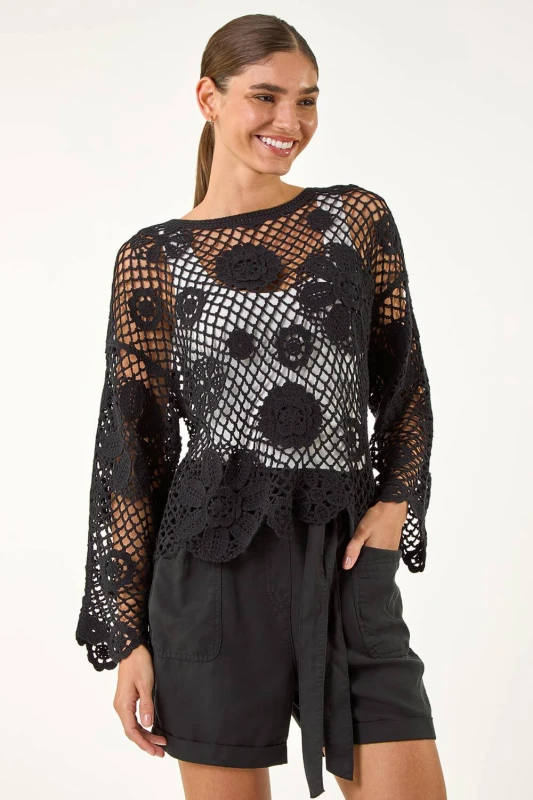 Image of Roman Womens Floral Open Crochet Knit Tunic in Black Size: Small Black Female S