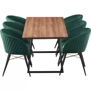Image of 7 Pieces Life Interiors Vittorio Toga Dining Set - an Extendable Brown Rectangular Wooden Dining Table and Set of 6 Green Dining Chairs - Green