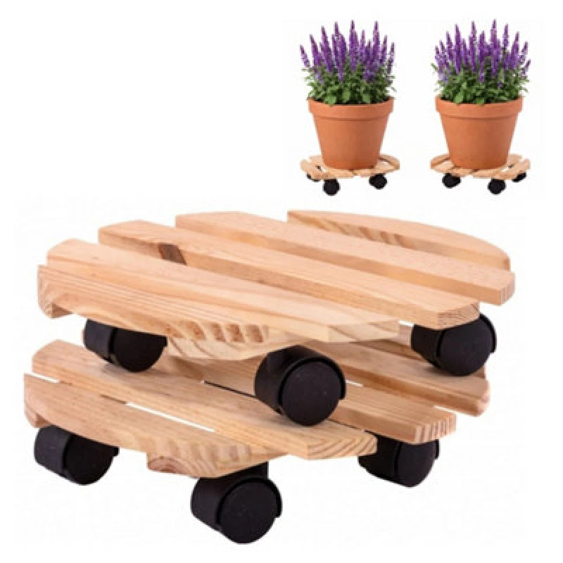 Image of Oypla Set of 2 Wooden Plant Pot Mover Stands Light Brown unisex