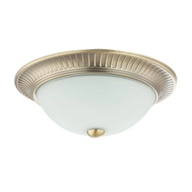 Image of Happy Homewares Traditional Antique Brass Flush Ceiling Light Fitting With White Glass Diffuser