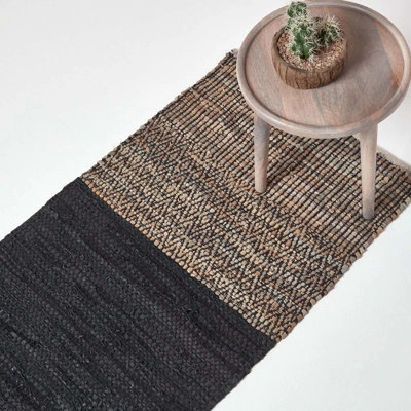 Image of Homescapes Recycled Leather Handwoven Herringbone Hall Runner, 66 x 200cm Black