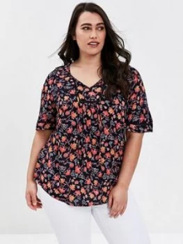 Image of Evans Floral Print Crochet Detail Top - Navy
