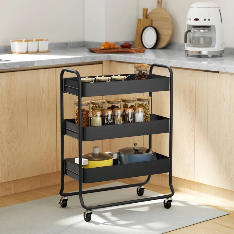 Image of HOMCOM 3-Tier Storage Trolley, Storage Cart with Mesh Backets, Wheels in Black Unisex
