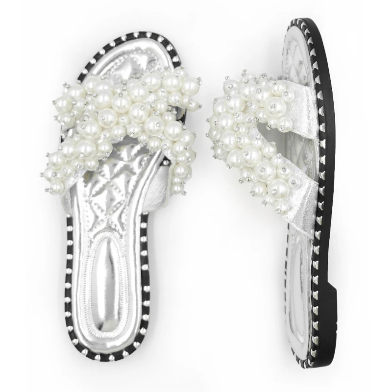 Image of Wheres That From Silver Eve Pearl Embellished Flat Sandals Silver female 7