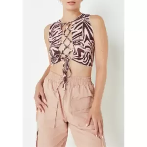 Image of Missguided Tall Swirl Print Lace Up Racer Neck Crop Top - Brown