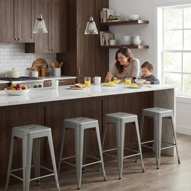 Image of FWStyle Bistro Set Of 4 24" Assembled Silver Gloss Steel Bar Stools Silver Unisex