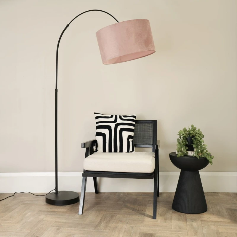 Image of ValueLights Louis Black Arched Curved Floor Lamp with Velvet Drum Lamp Shade Dusty Pink