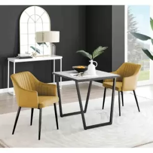 Image of Furniture Box Carson White Marble Effect Square Dining Table and 2 Mustard Calla Black Leg Chairs