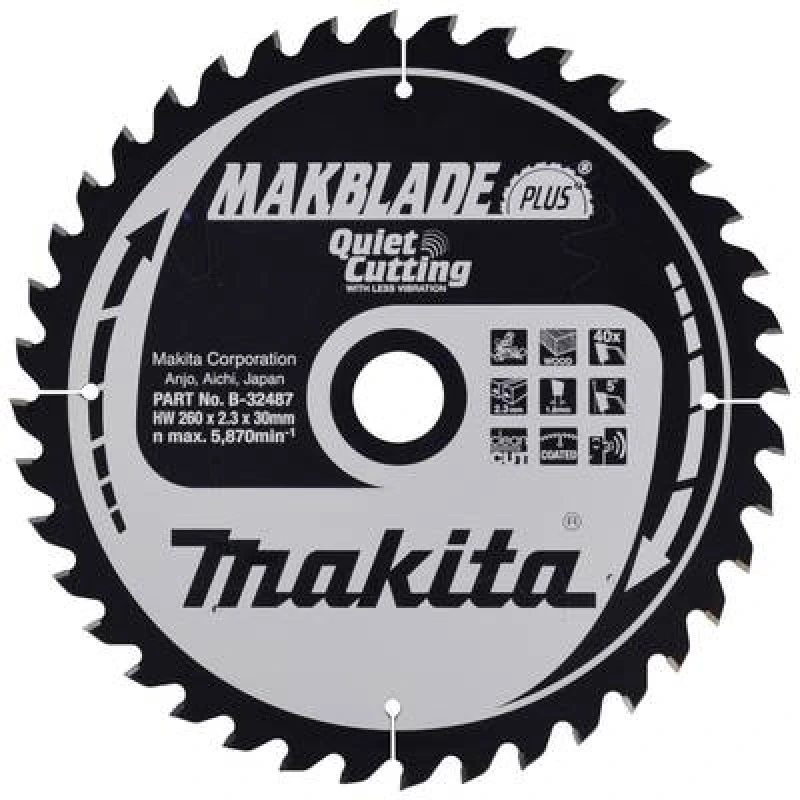 Image of Makita Makita MAKBLADE B-32487 Carbide metal circular saw blade 260 x 30 x 1.8mm Number of cogs: 40 B-32487