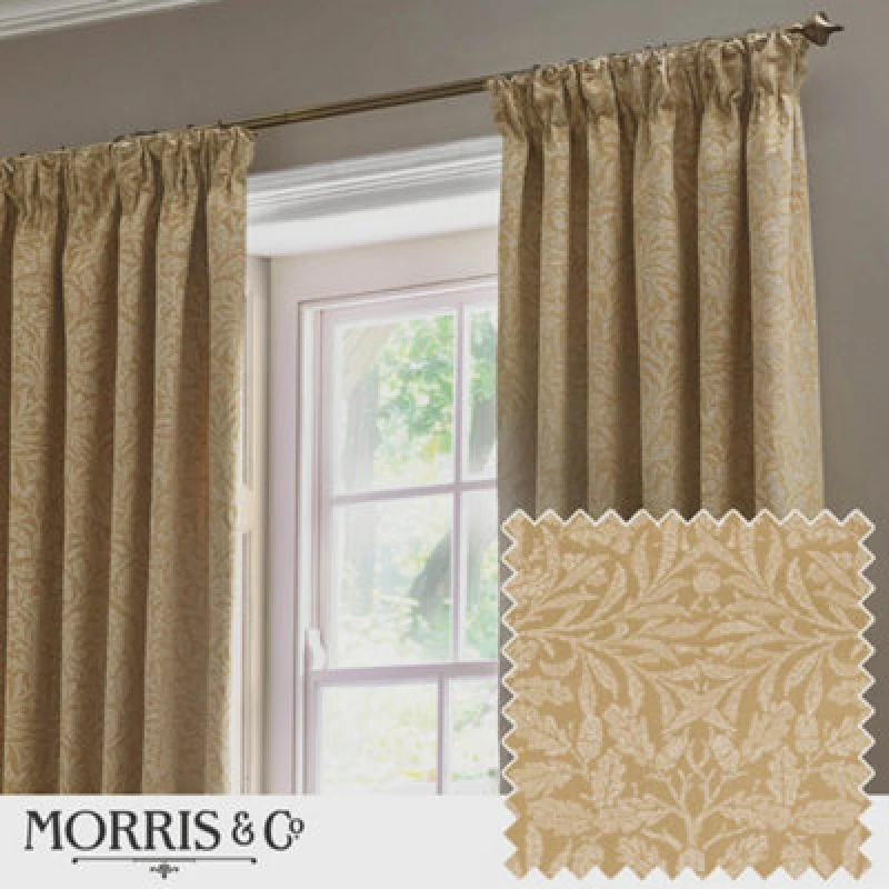 Image of Morris & Co Acorn Tonal Matt Jacquard Room Darkening Pencil Pleat Curtain Pair Gold (W)117Cm X (D)183Cm