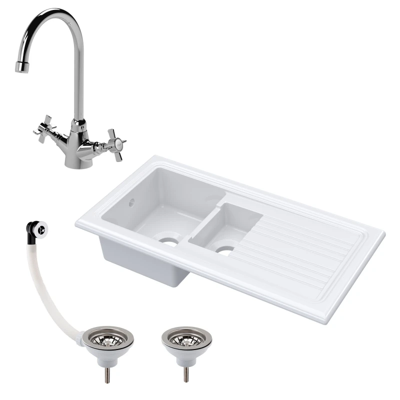 Image of Balterley 1.5 Bowl Inset Fireclay Kitchen Sink, Wastes, Mono Tap 1010 x 525mm White