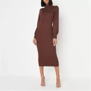 Image of Missguided Neck Puff Sleeve Ribbed Maxi Dress - Brown