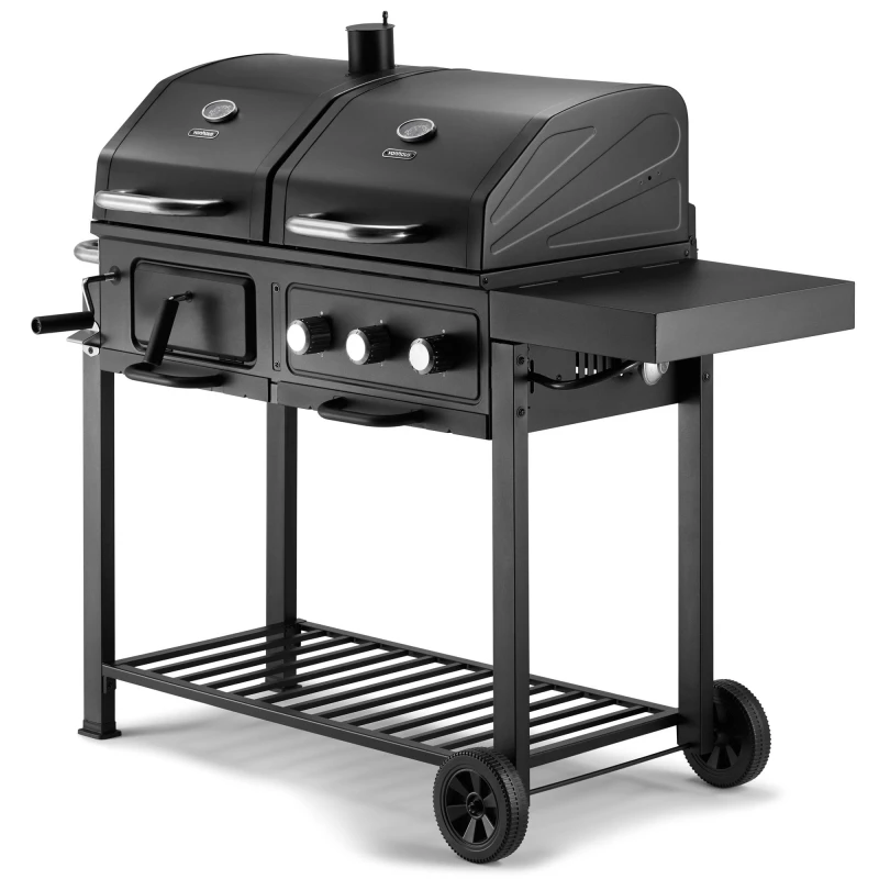 Image of VonHaus Dual Fuel BBQ Charcoal or Gas with Warming Rack and Fold Down Shelf Black