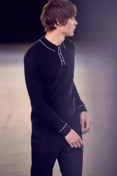 Image of Mens Super Soft Black Tipped Placket Knitted Polo Shirt