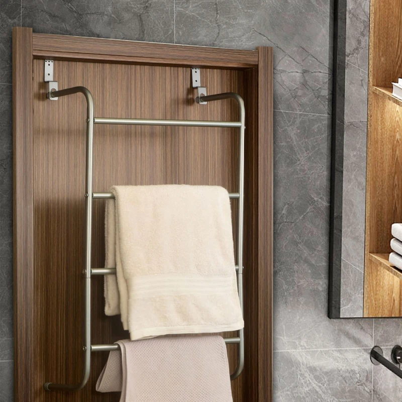Image of House of Home Over-Door Towel Rack 4-Tier Bathroom Silver Storage Hanger Rail Bath Hand Towels Silver