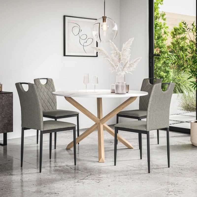 Image of More4Homes Malvern Round Dining Table And Chairs - Marble Table Top W Solid Oak Legs + Monza Fabric Dining Chair Set Of 4 (Grey)