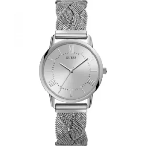 Image of GUESS Ladies silver watch with braided mesh bracelet.