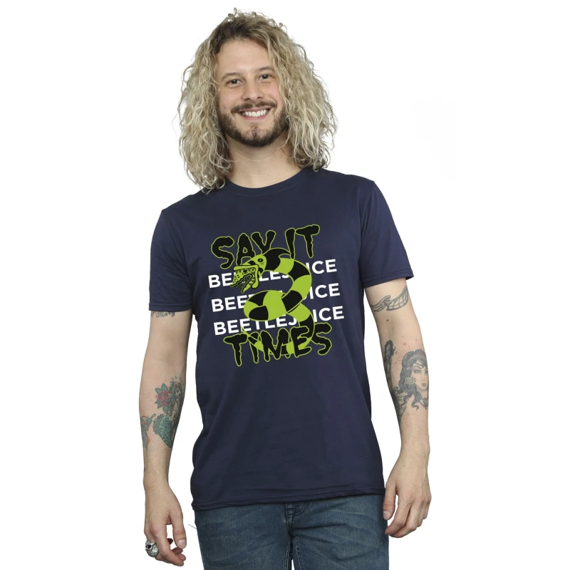 Image of Beetlejuice Beetlejuice Men Say It 3 Times Cotton T-Shirt in Navy Size: Small Navy S Male 5063376711937