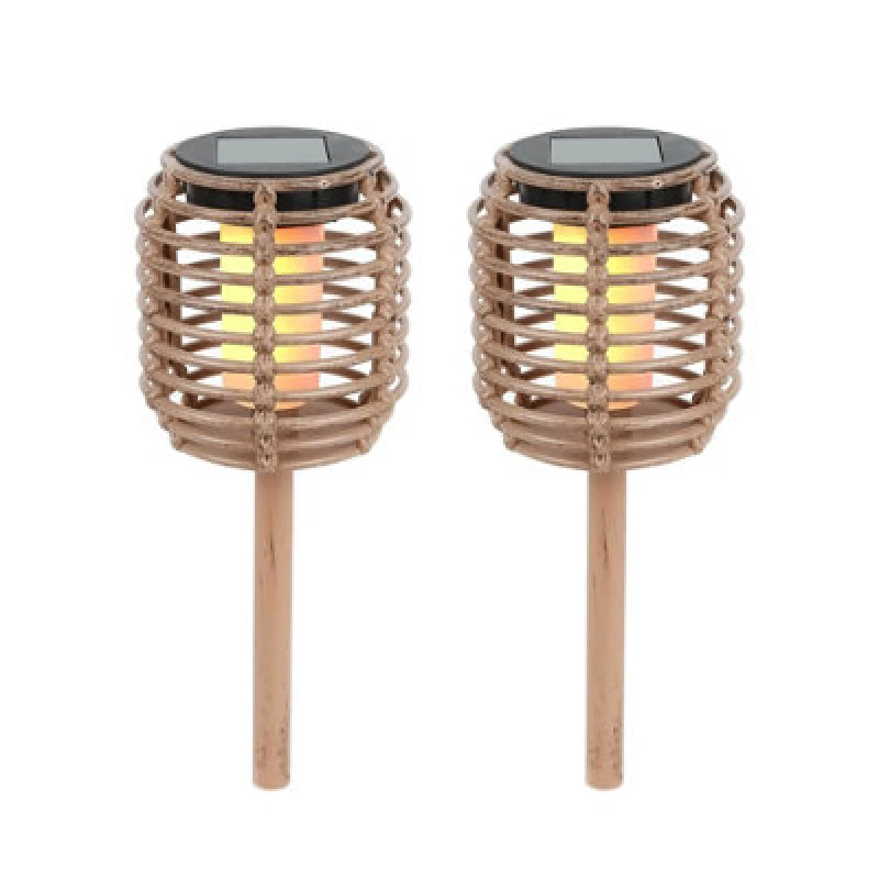 Image of Gardenwize Pack Of 2 Solar Rattan-Effect Stake Lights Warm White LED Outdoor Path & Border Garden Lights
