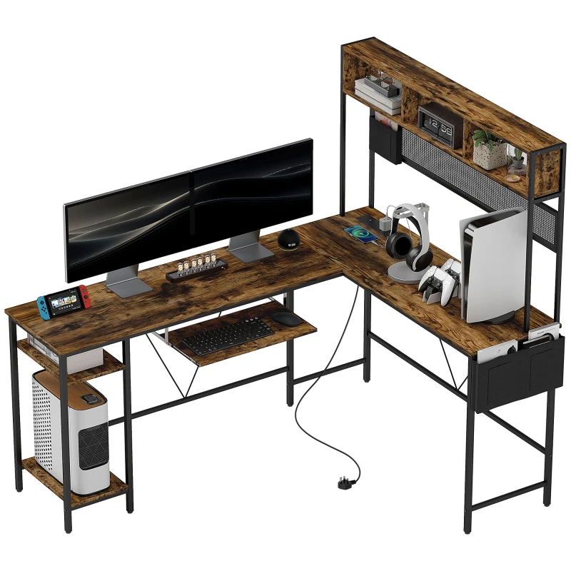 Image of HOMCOM Reversible Corner Desk w/ USB Port, Long Computer Desk for 2 Person Brown