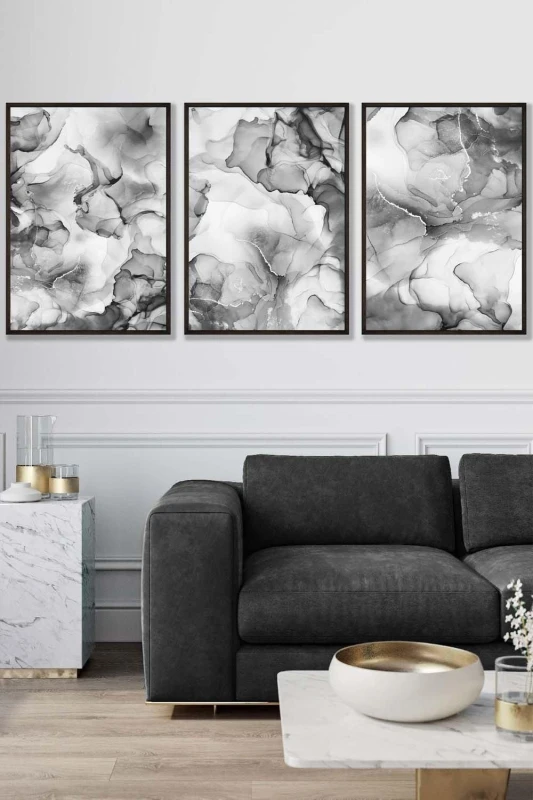 Image of ARTZE Set of 3 Black Framed Abstract Floral Fluid in Grey Wall Art in Mid Grey Size: W45cm x H62cm x D20mm Mid Grey Unisex W45cm x H62cm x D20mm