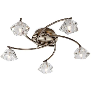 Image of Clara - 5 Light Flush Multi Arm Ceiling Light Antique Brass, Clear Glass, G9 - Firstlight
