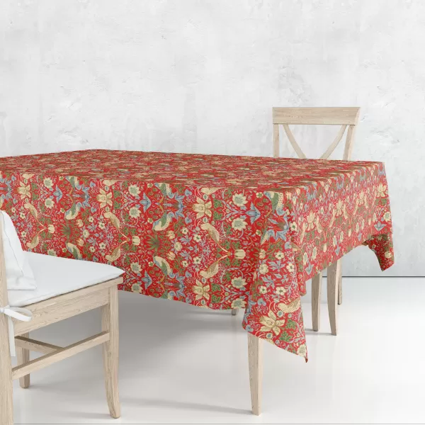 Image of William Morris Strawberry Thief Acrylic Coated Tablecloth Strawberry Thief Red