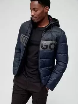 Image of HUGO Balin Colour Block Hooded Padded Jacket, Dark Blue, Size L, Men